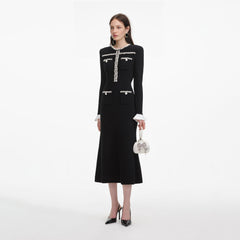Black Pearl Trim Knit Midi Dress