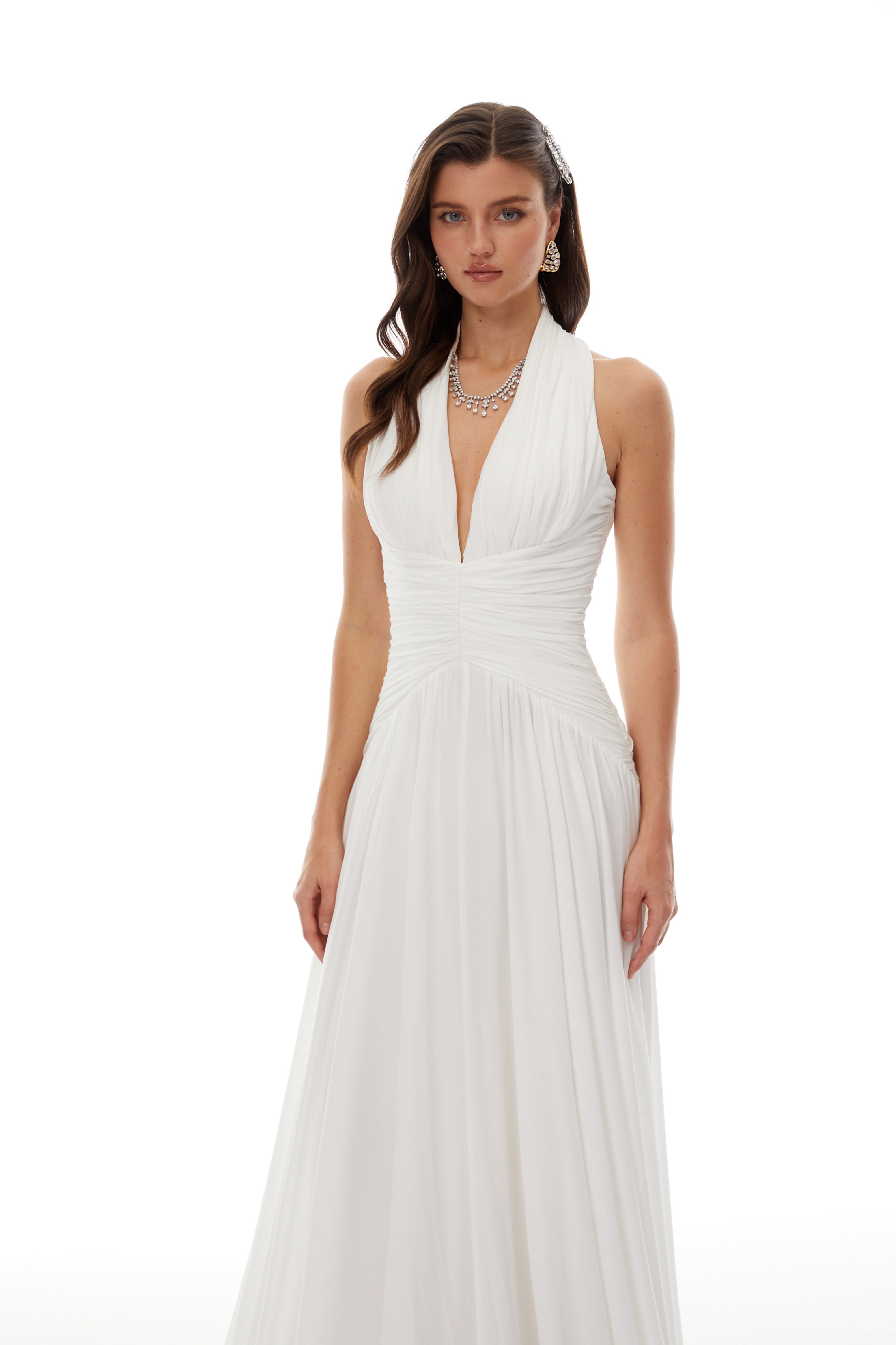 Ramona White Feather Hem Gathered Maxi Dress