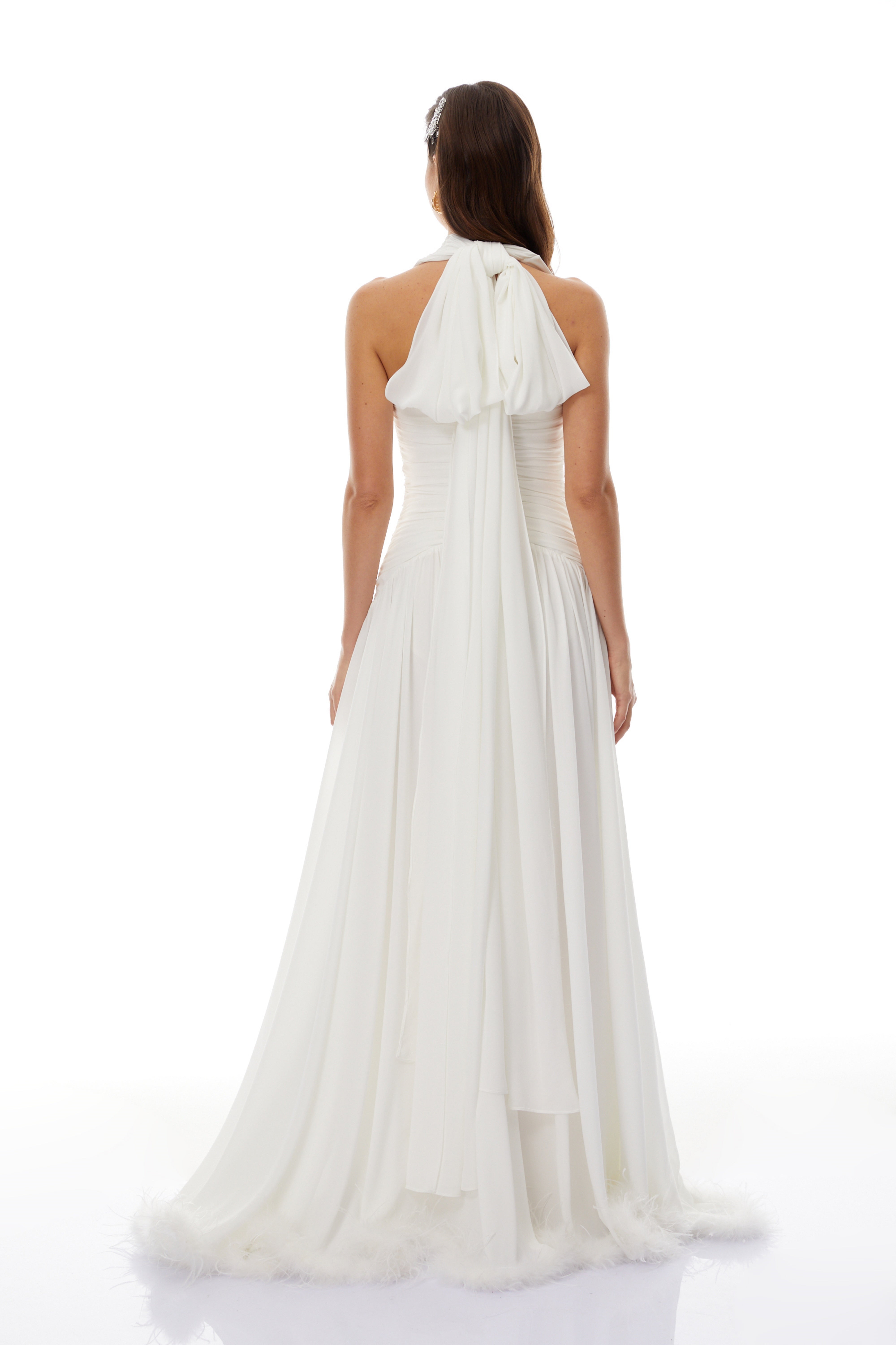Ramona White Feather Hem Gathered Maxi Dress