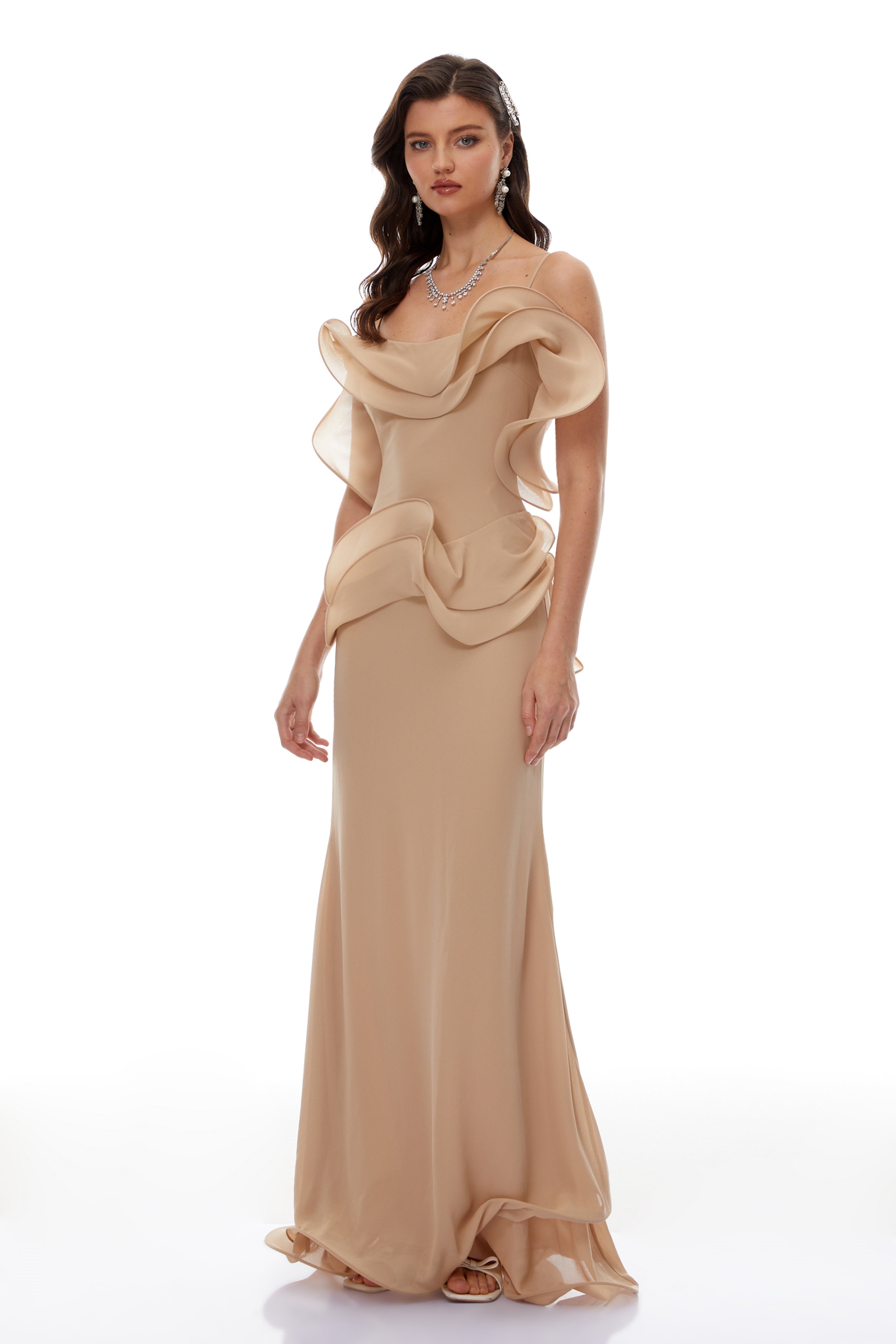 Retha Neutral Ruffled Corset Maxi Dress