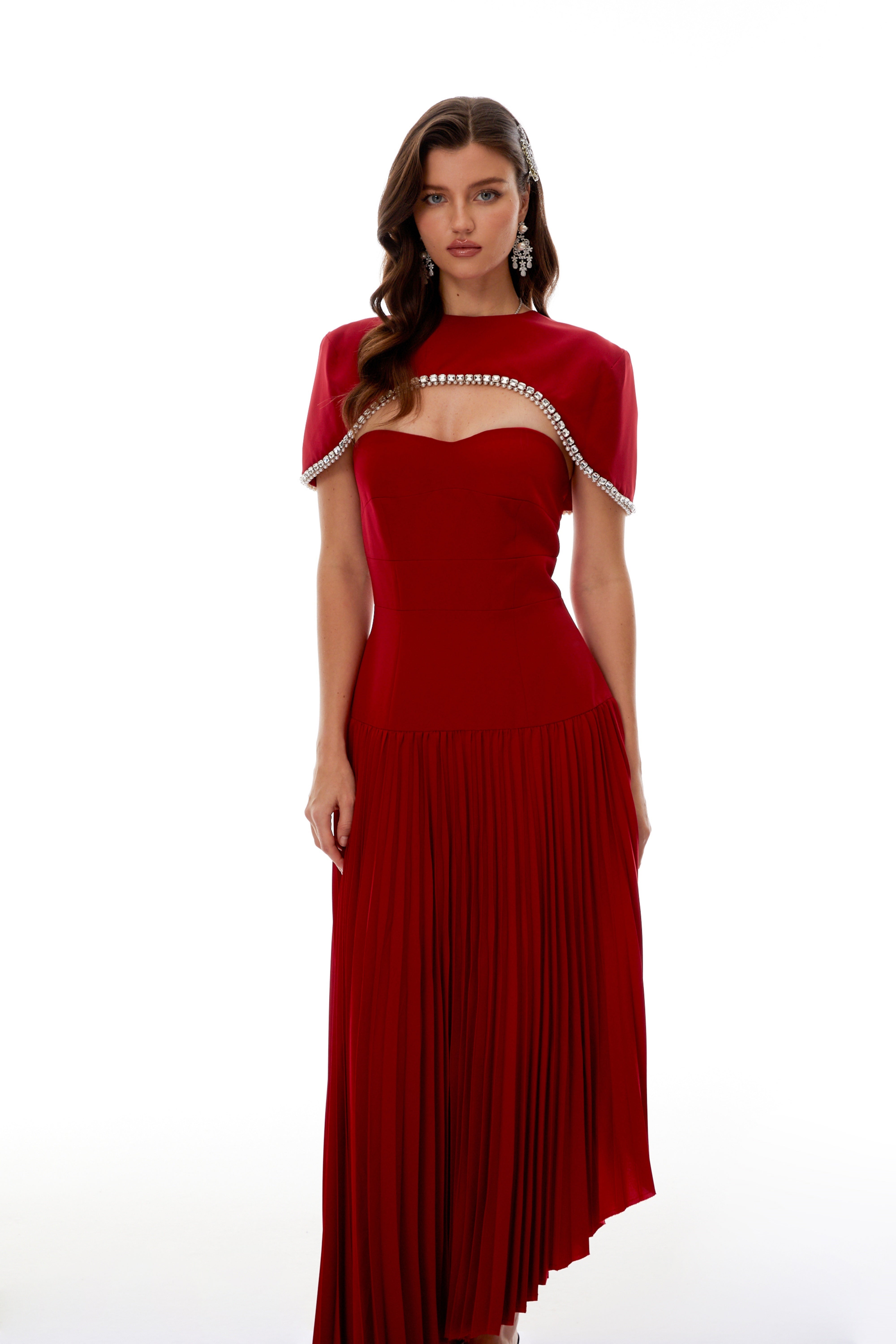 Roberta Red Pleated Dress & Cape Set