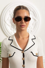 Slim Oval Sunglasses with Polished Metal Frame and Adjustable Nose Pads – Brown