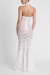 Solange White Halterneck Floral Lace Maxi Dress