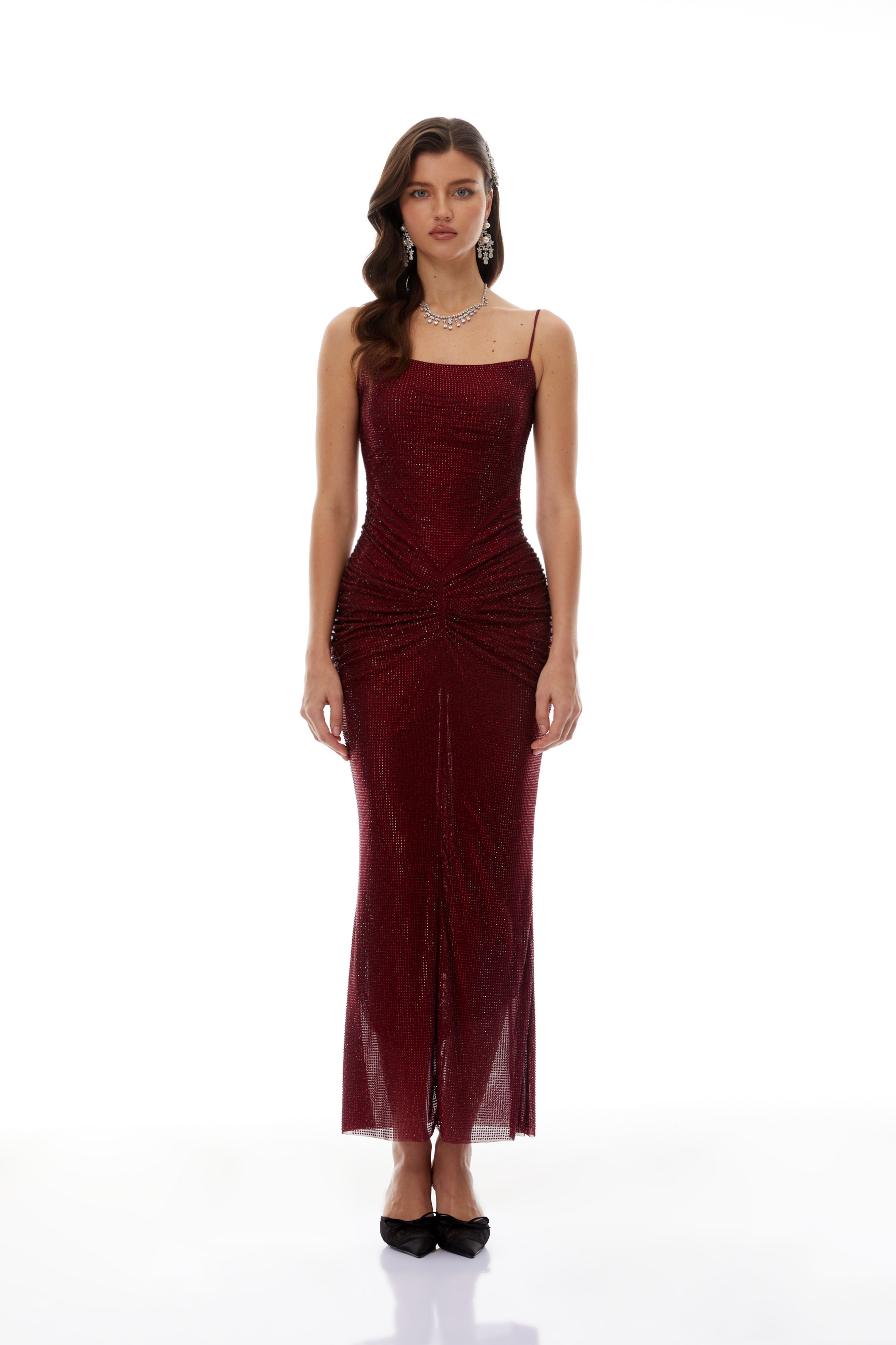 Sara Burgundy Rhinestone Ruched Maxi Gown
