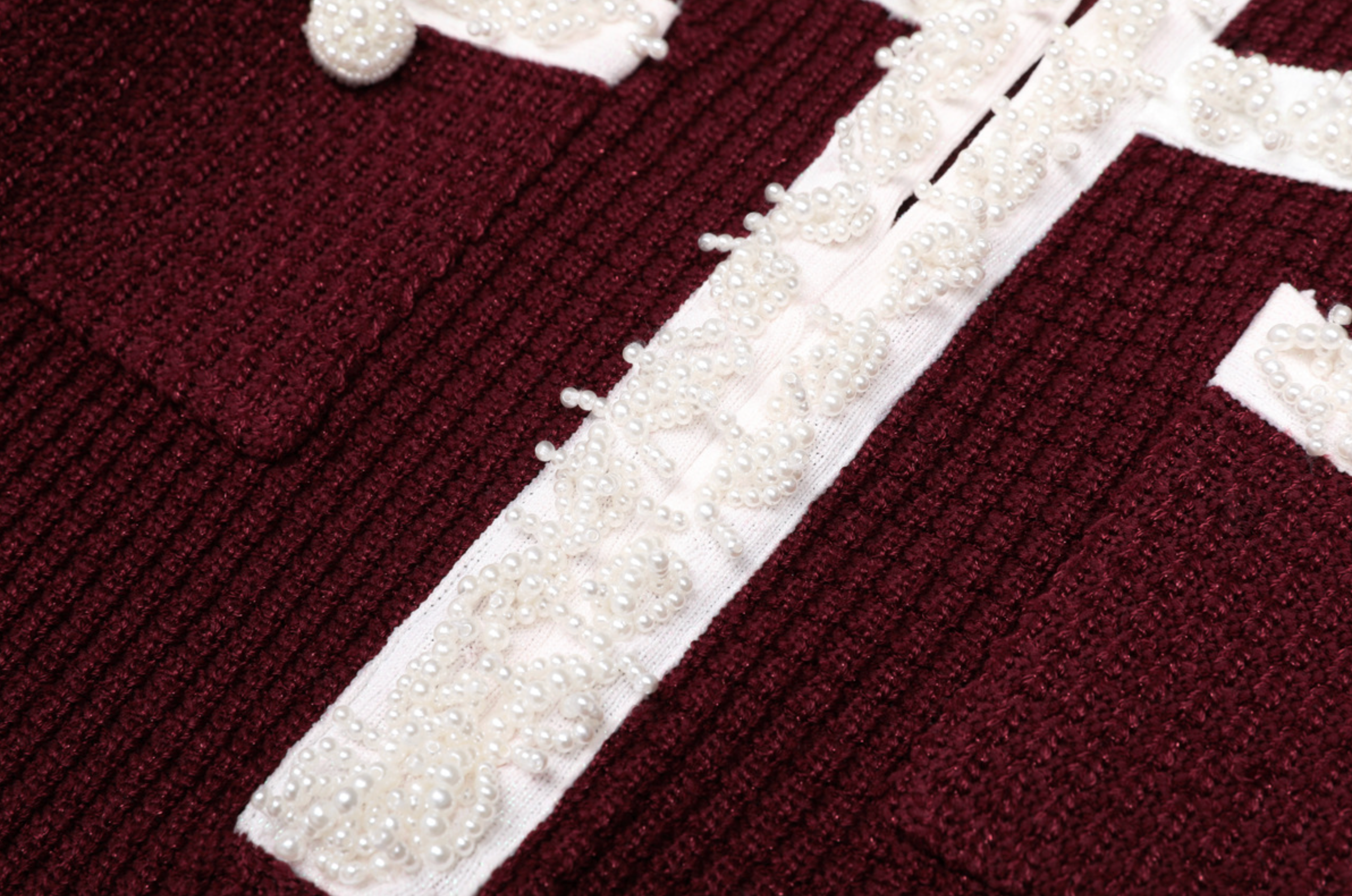 Burgundy Pearl Trim Knit Midi Dress