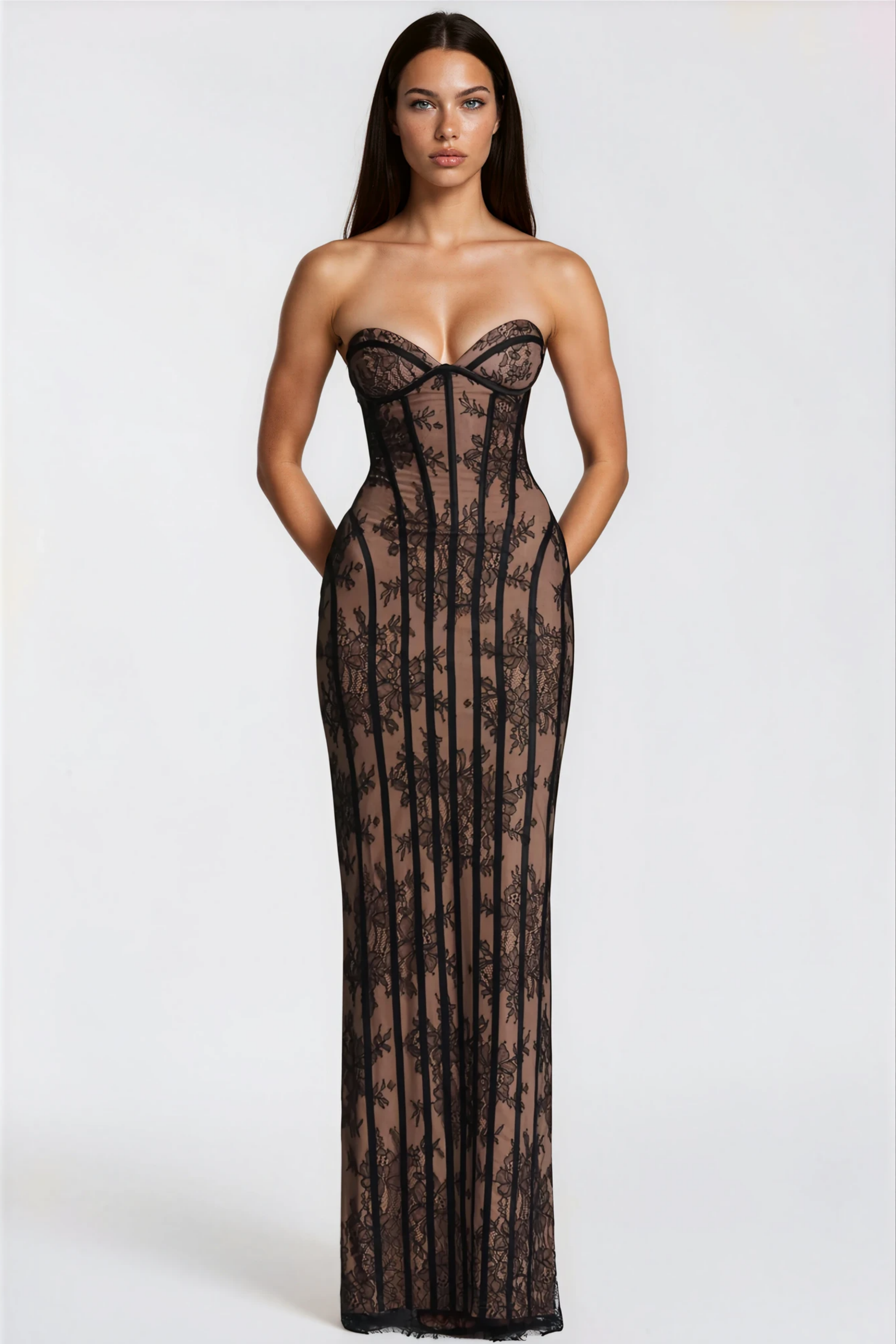Urszula Black Floral Lace Corset Maxi Dress