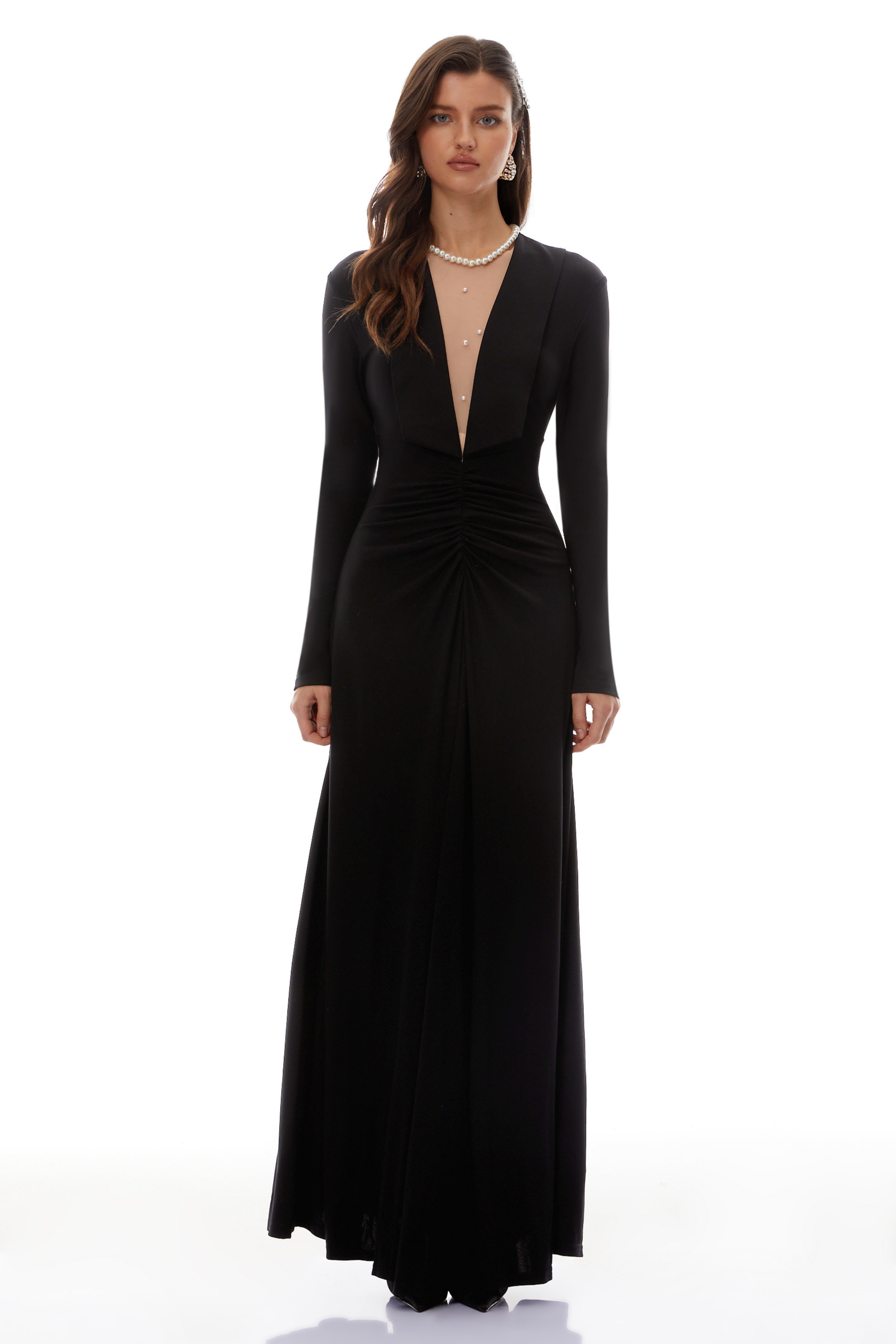 Sofia Black Cinched Waist Ruched Maxi Dress
