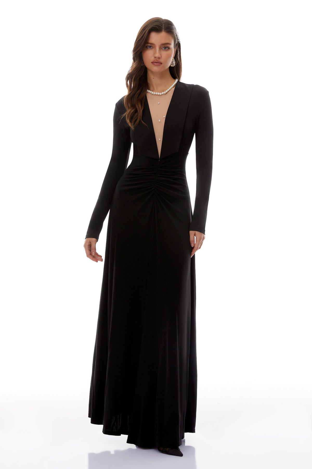 Sofia Black Cinched Waist Ruched Maxi Dress