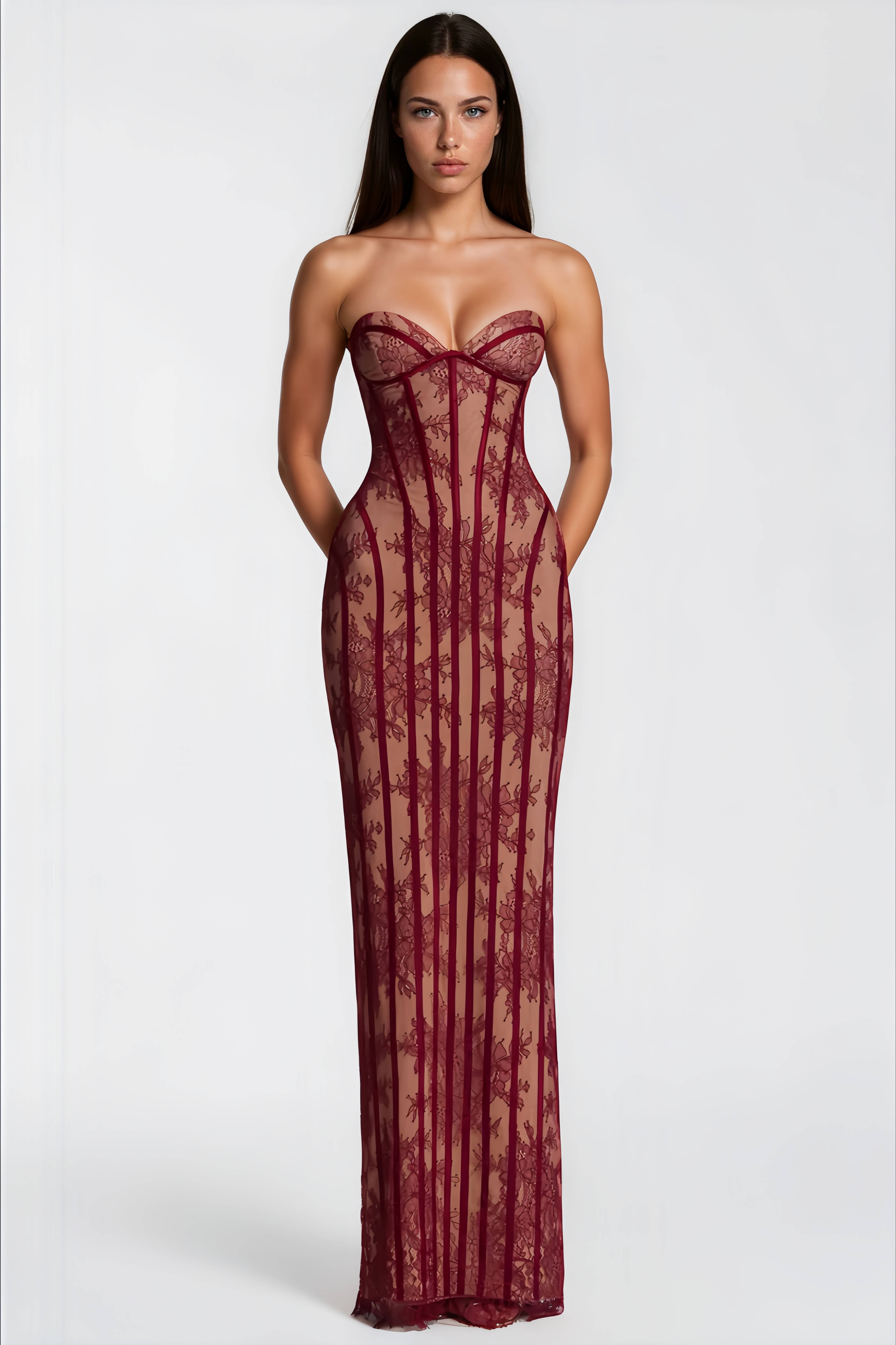 Urszula Red Floral Lace Corset Maxi Dress