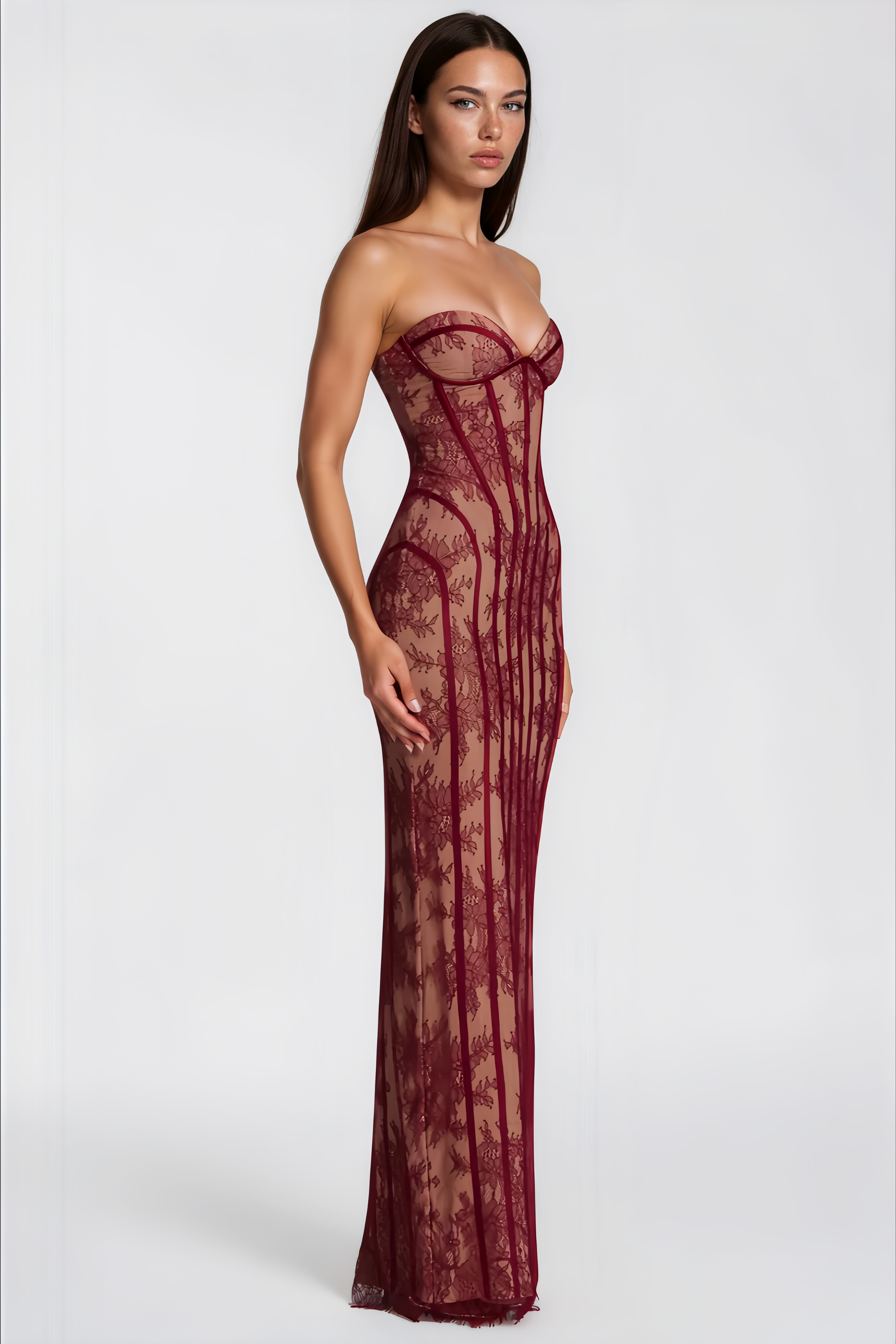 Urszula Red Floral Lace Corset Maxi Dress