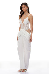 Viktoria White Semi-Sheer Lace Panel Maxi Dress