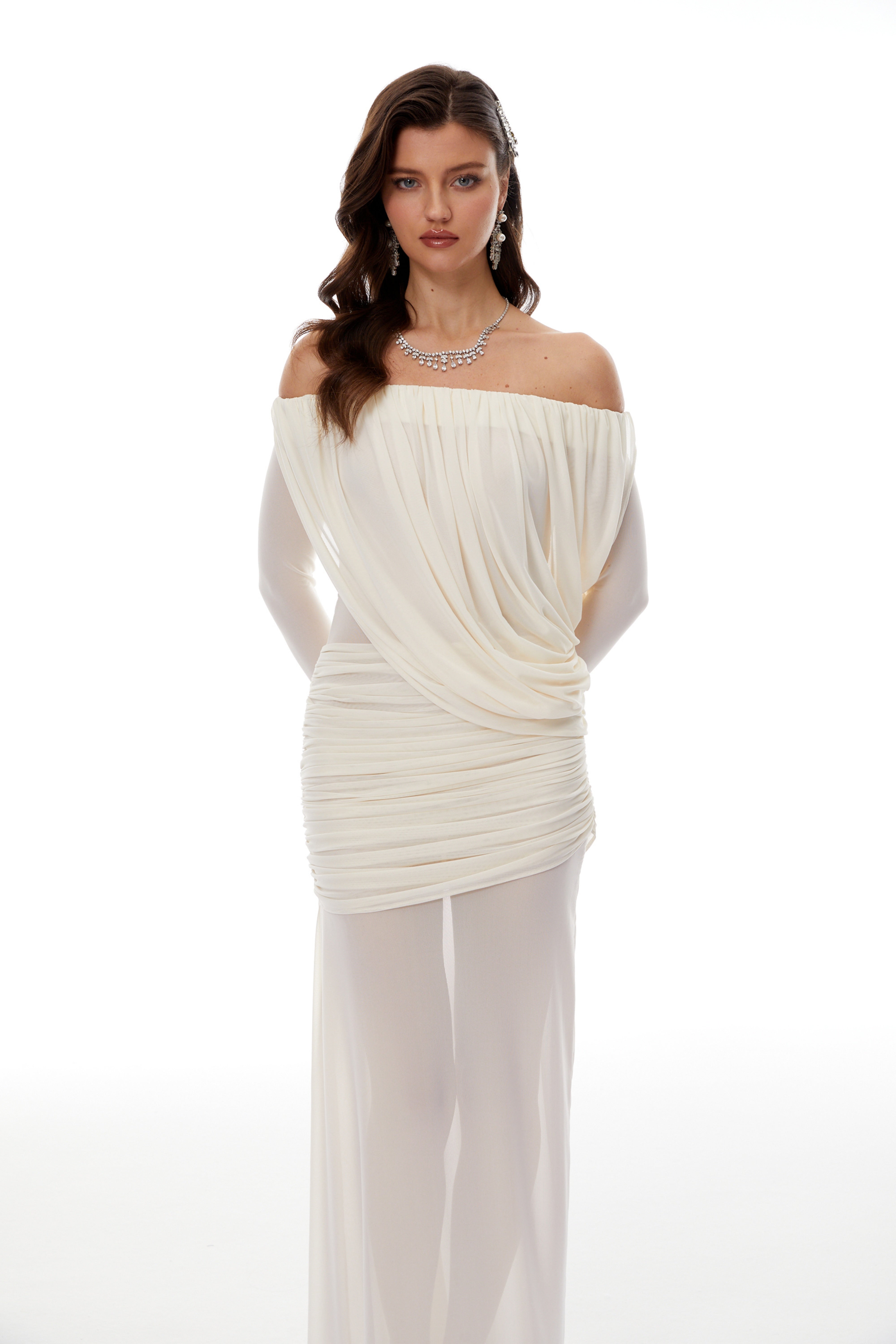 Zenobia White Asymmetrical Draped Mesh Maxi Dress