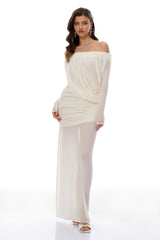Zenobia White Asymmetrical Draped Mesh Maxi Dress