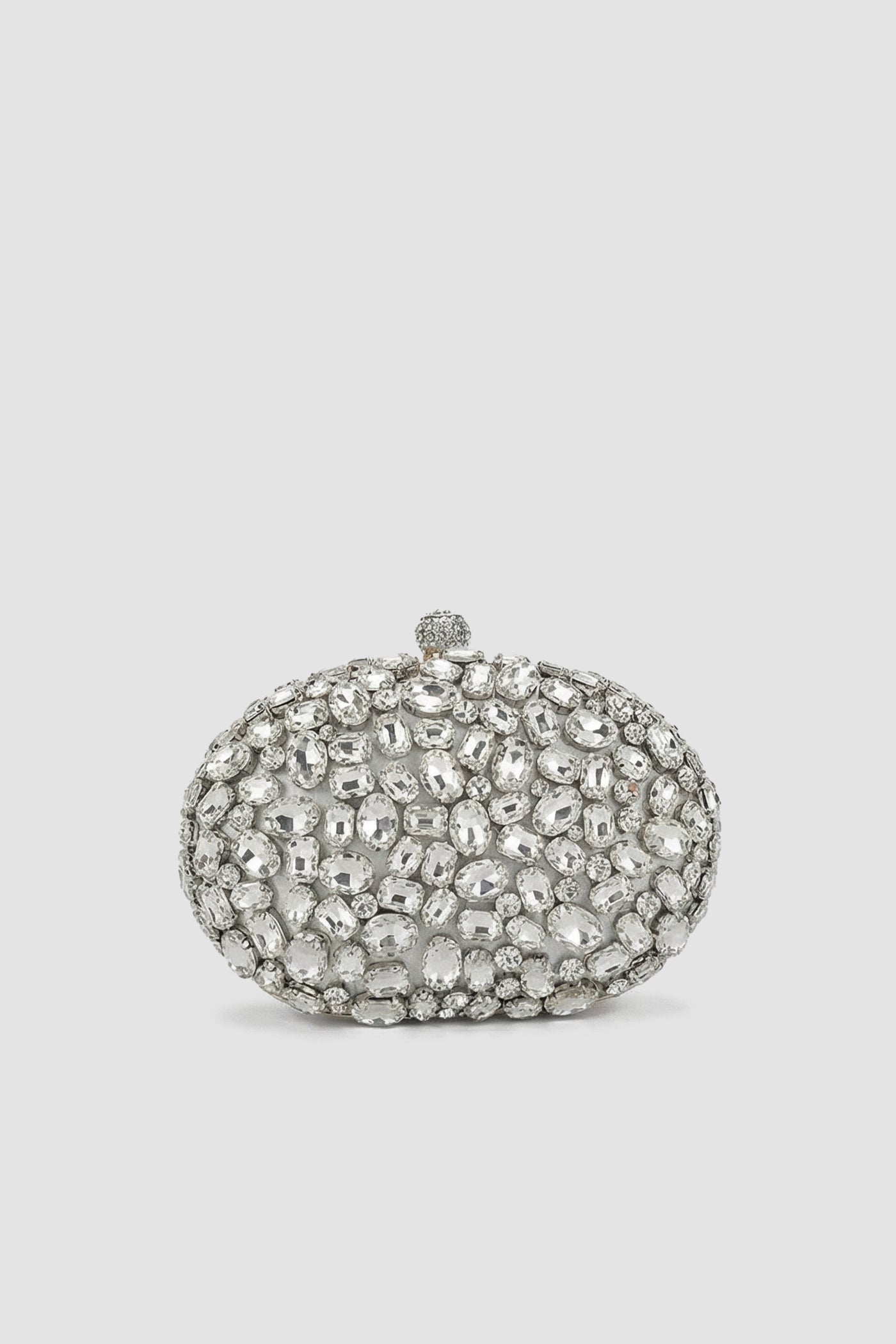 Crystal-Embellished Oval Clutch with All-Over Stone Finish – Silver