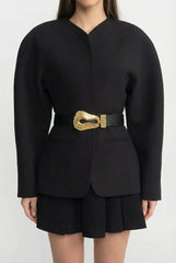 Belt with Hammered Sculptural Keyhole Buckle – Black