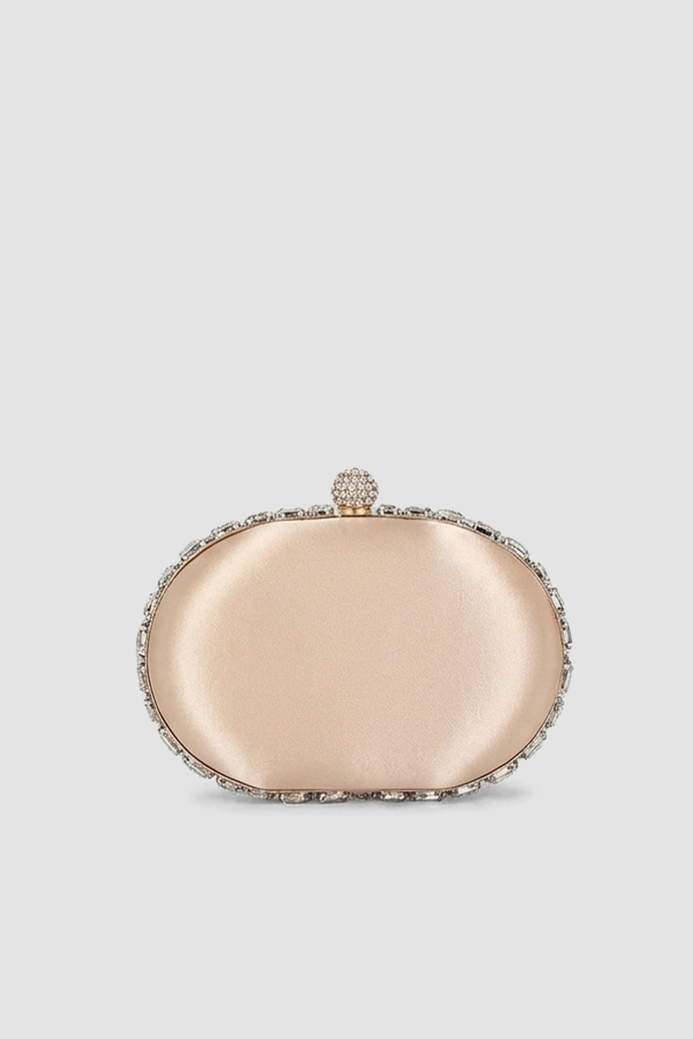 Crystal-Embellished Oval Clutch with All-Over Stone Finish – Silver