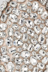 Crystal-Embellished Oval Clutch with All-Over Stone Finish – Silver