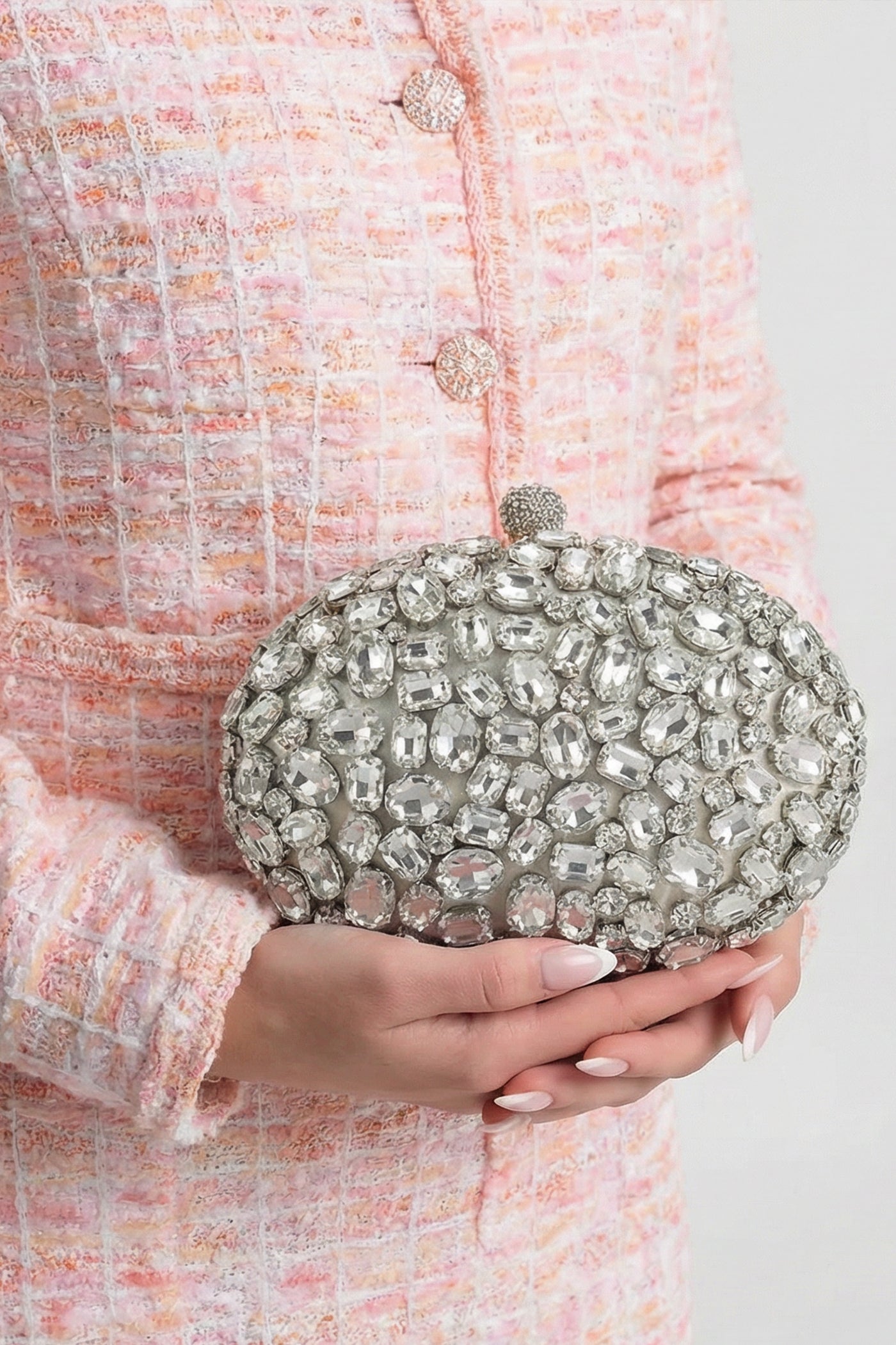 Crystal-Embellished Oval Clutch with All-Over Stone Finish – Silver