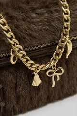 Faux Fur Top-Handle Bag with Decorative Chain – Brown
