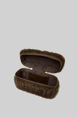 Faux Fur Top-Handle Bag with Decorative Chain – Brown