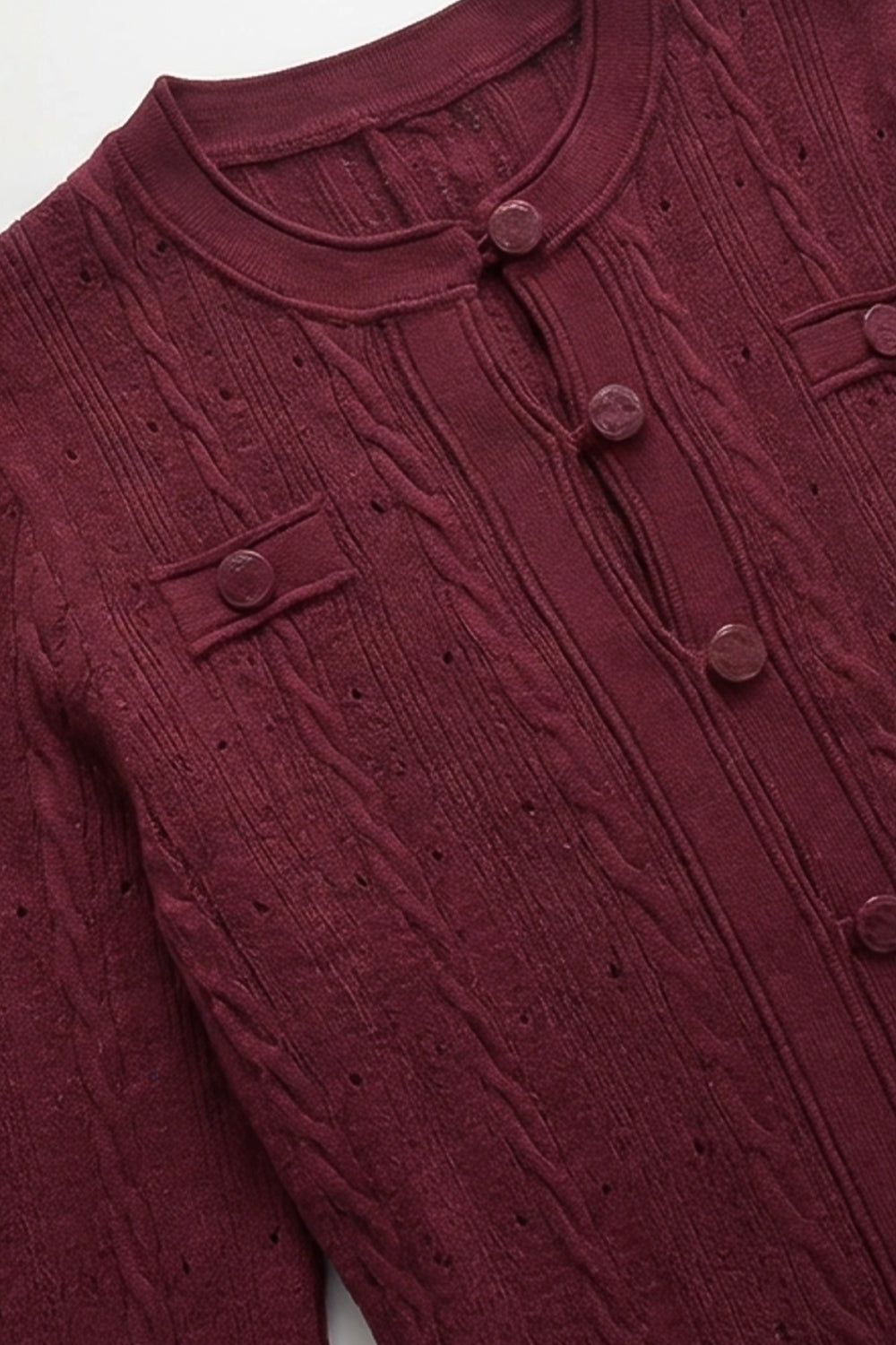 Knit Button-Front Midi Dress with Pointelle Detailing – Burgundy