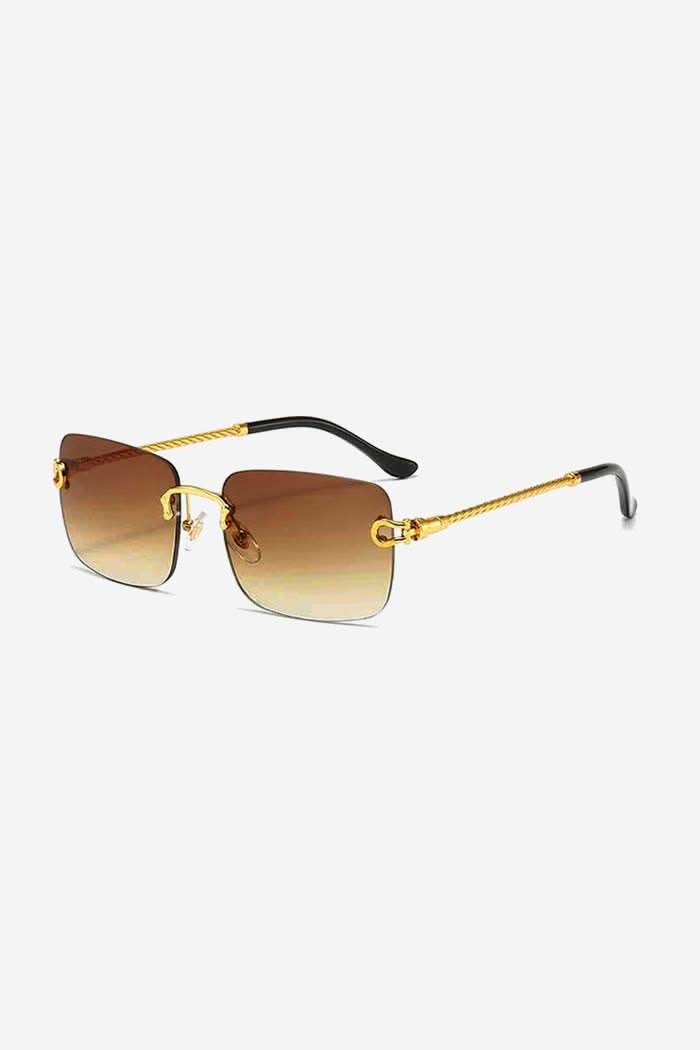 Rimless Square Sunglasses with Twisted Gold Rope Temples – Brown