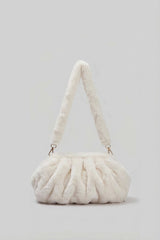 Faux Fur Shoulder Bag with Ruched Design – White