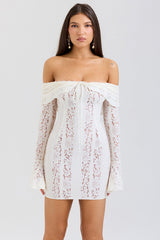 Sadie Vintage Floral Lace Off Shoulder Mini Dress - Cream white