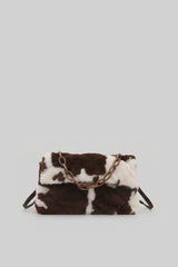 Faux Fur Chain-Handle Mini Bag with Quilted Texture – Brown & White