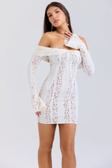 Sadie Vintage Floral Lace Off Shoulder Mini Dress - Cream white