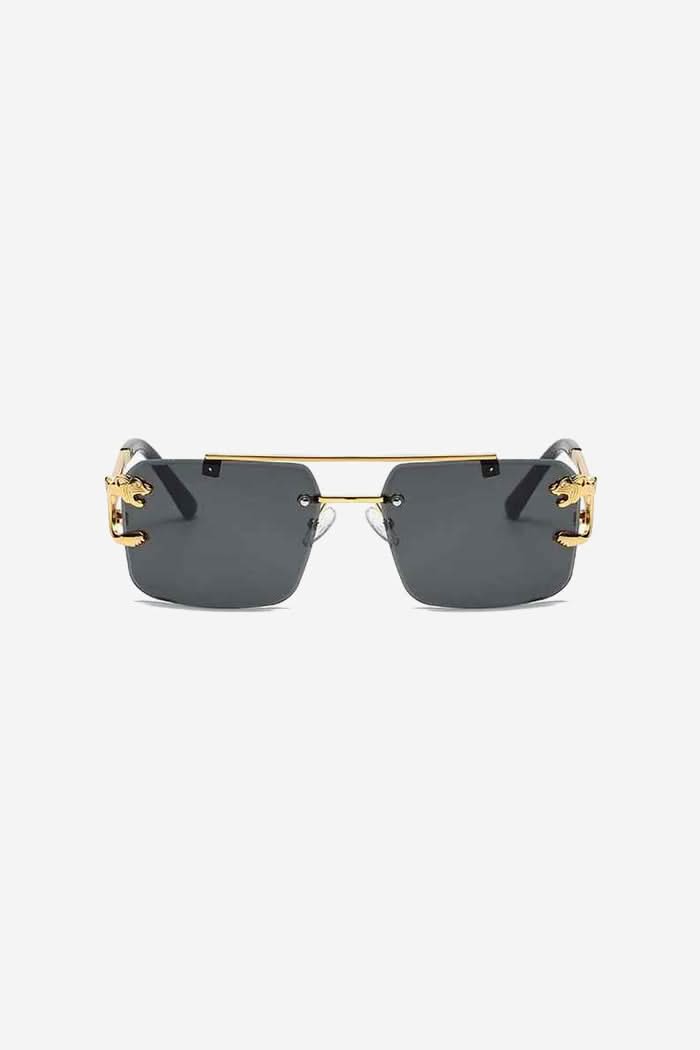 Rimless Square Sunglasses with Gold Panther Detail and Double-Bar Temples – Black