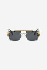 Rimless Square Sunglasses with Gold Panther Detail and Double-Bar Temples – Black