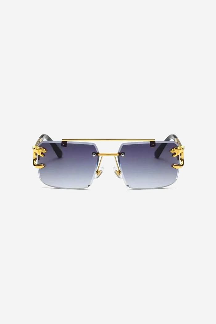 Rimless Square Sunglasses with Gold Panther Detail and Double-Bar Temples – Purple
