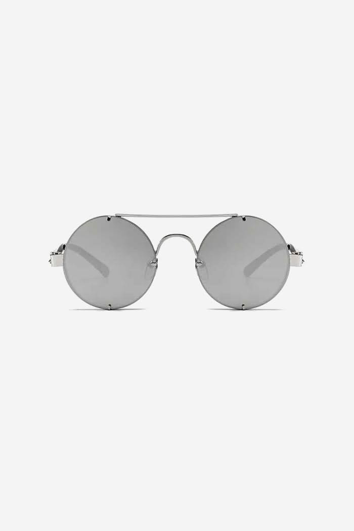 Rimless Round Sunglasses with Double Bridge and Temple Springs – Silver