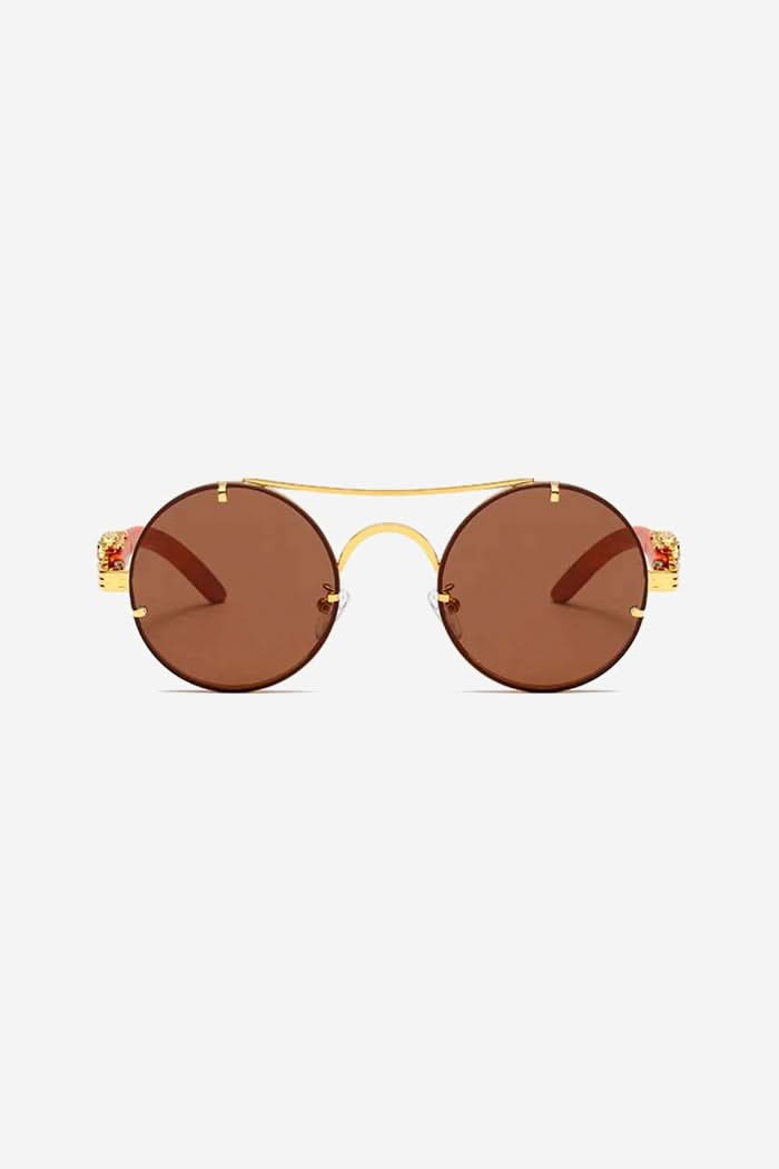 Round Sunglasses with Sculpted Leopard Temples and Double Gold Bridge – Brown