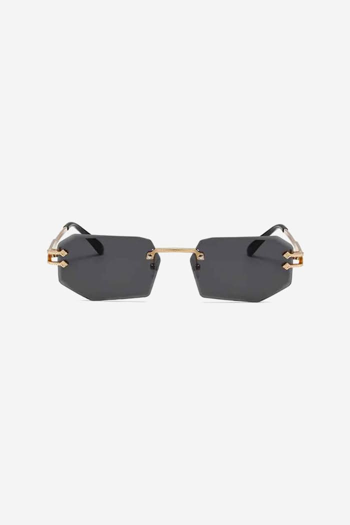 Rimless Geometric Sunglasses with Textured Gold Chain Temples – Black