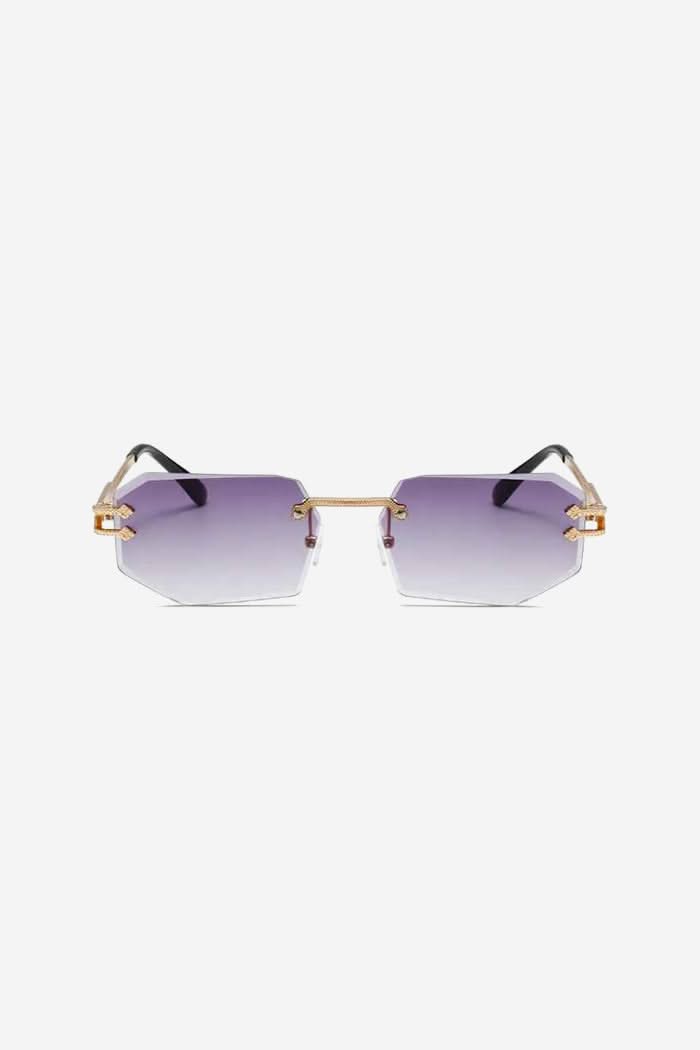 Rimless Geometric Sunglasses with Textured Gold Chain Temples – Purple