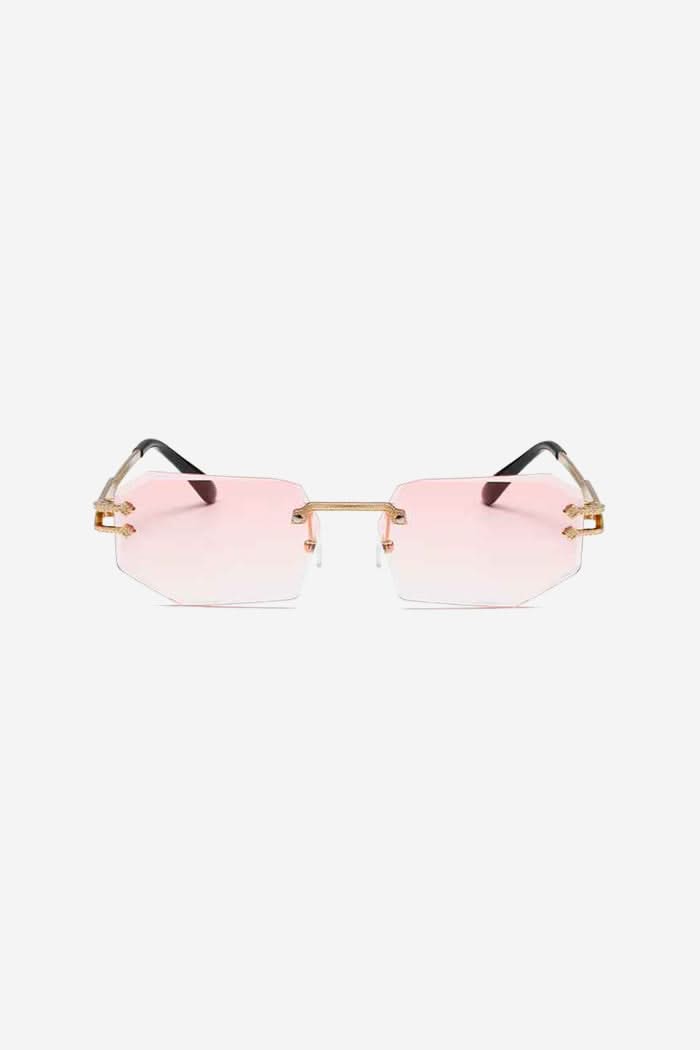 Rimless Geometric Sunglasses with Textured Gold Chain Temples – Pink