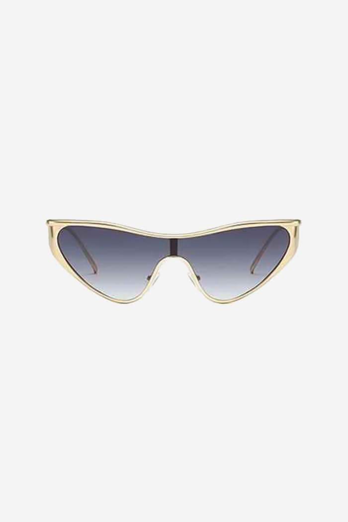 Futuristic Cat-Eye Shield Sunglasses with Gold Frame – Black