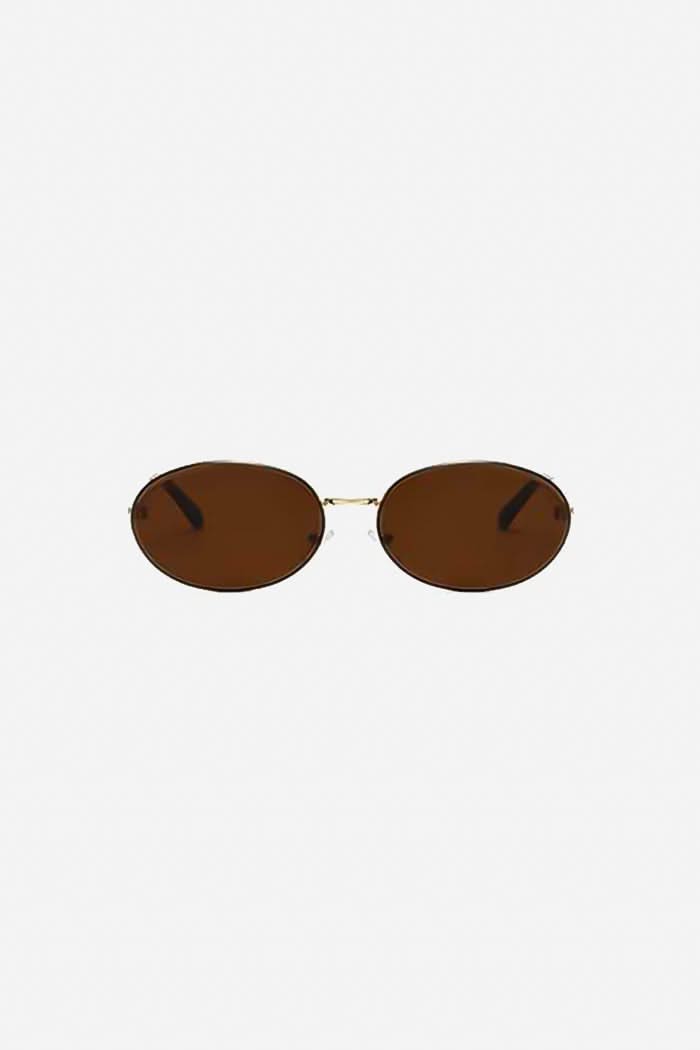 Slim Oval Sunglasses with Polished Metal Frame and Adjustable Nose Pads – Brown