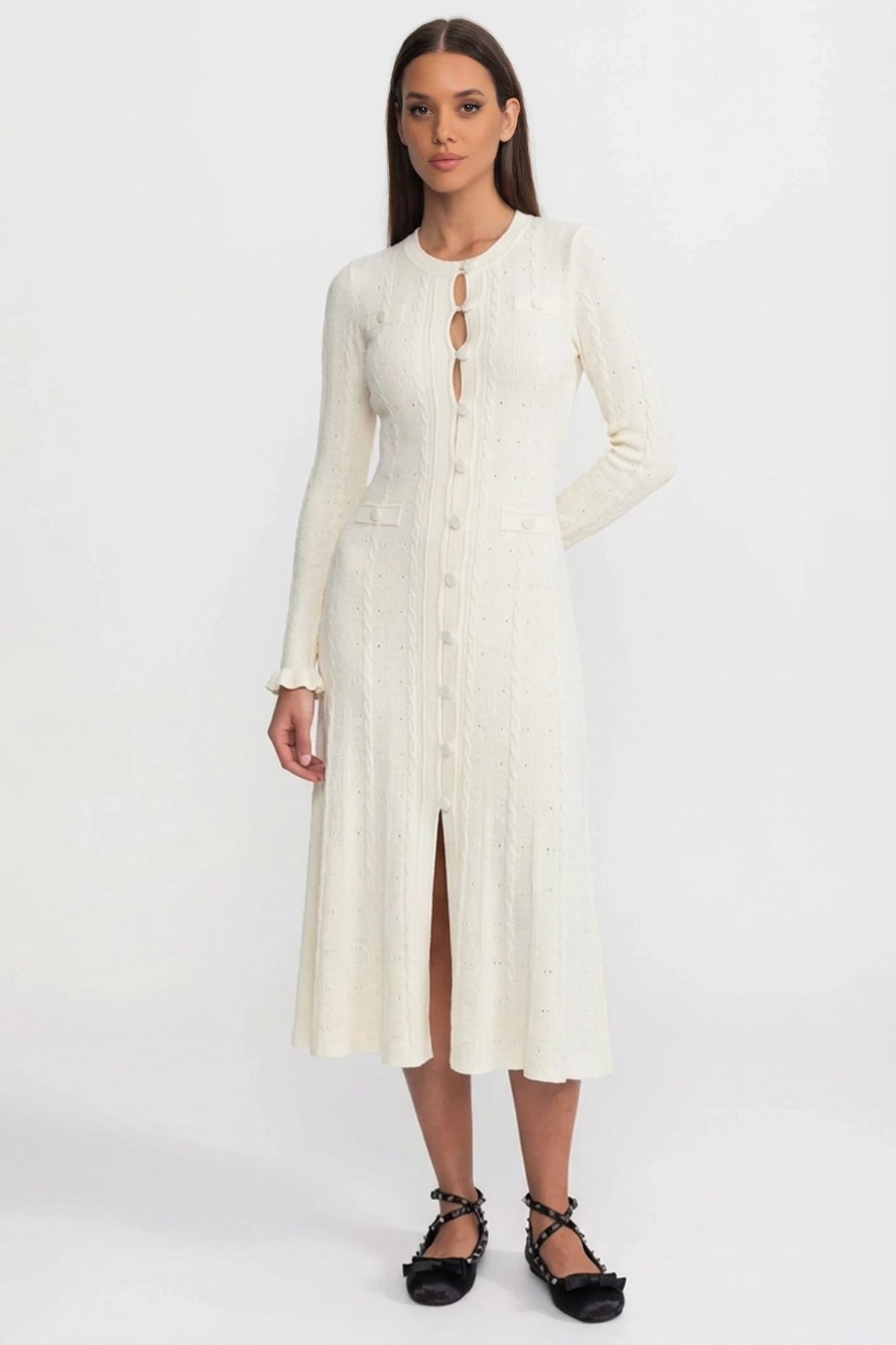 Knit Button-Front Midi Dress with Pointelle Detailing – Ivoire