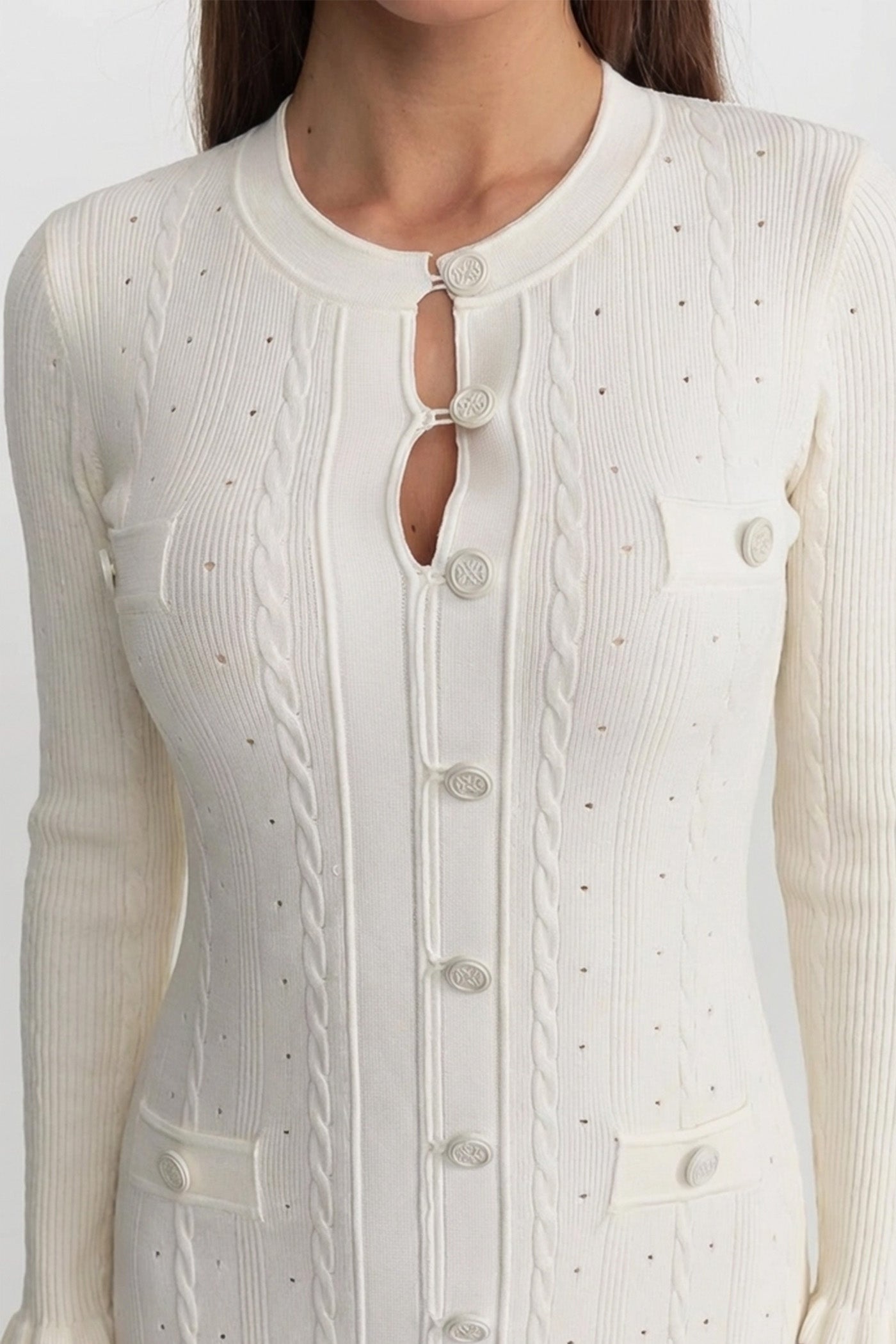 Knit Button-Front Midi Dress with Pointelle Detailing – Ivoire
