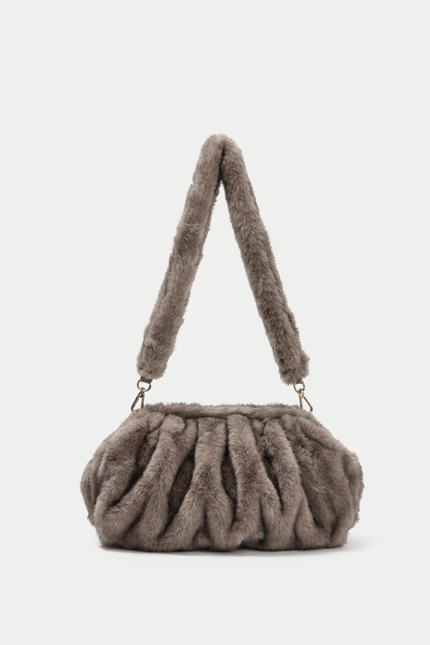 Faux Fur Shoulder Bag with Ruched Design – Khaki