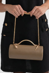 Structured Clutch Bag with Snake Handle And Gold Chain – Khaki