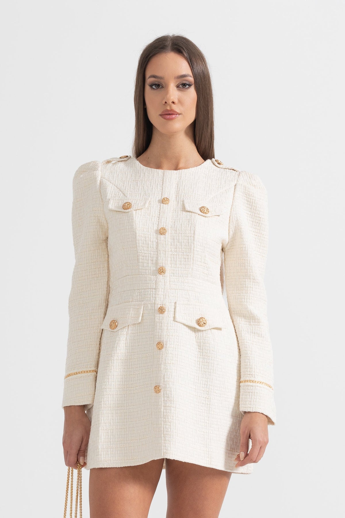 Textured Mini Dress With Gold Buttons And Front Pockets - Ivoire