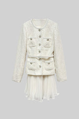 Textured Mini Dress With Pockets And Sheer Pleated Skirt - Beige