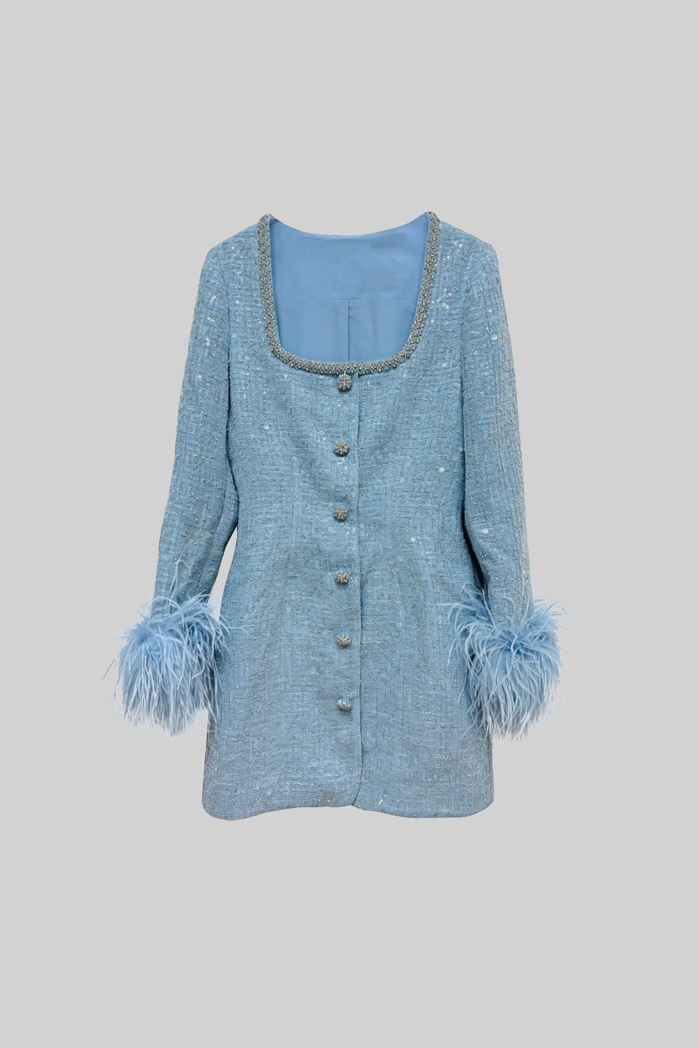 Textured Mini Dress With Feathered Cuffs And Square Neckline - Blue