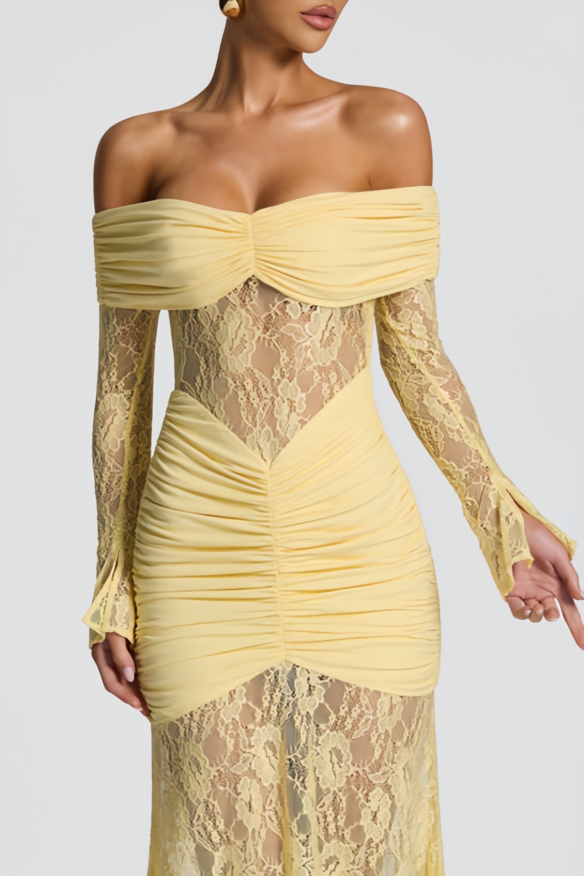Brigitte Yellow Lace Panel Ruched Maxi Dress