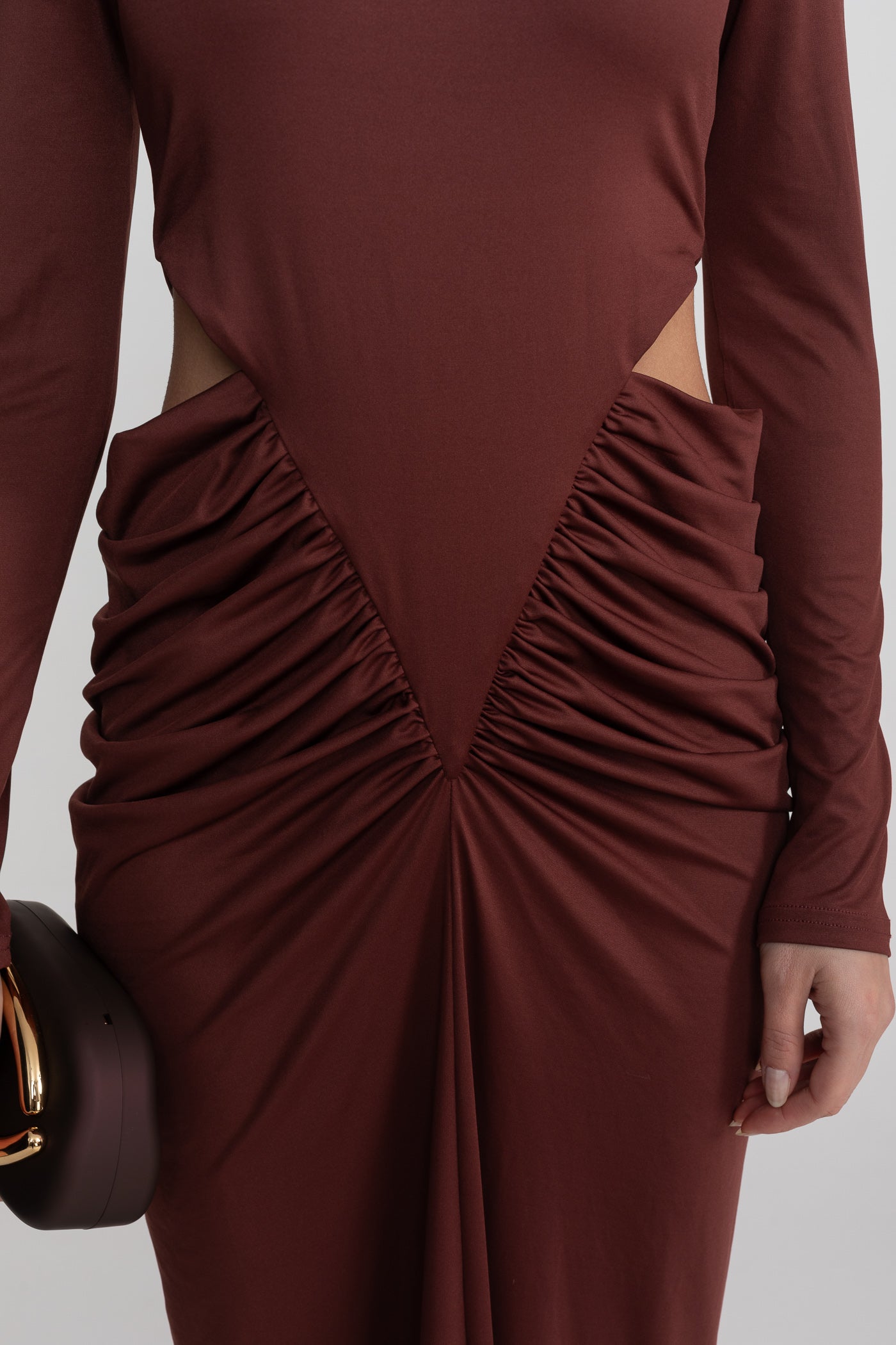 High Neck Maxi Dress With Long Sleeves And Waist Cut-Out Detail - Brown