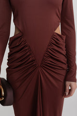 High Neck Maxi Dress With Long Sleeves And Waist Cut-Out Detail - Brown